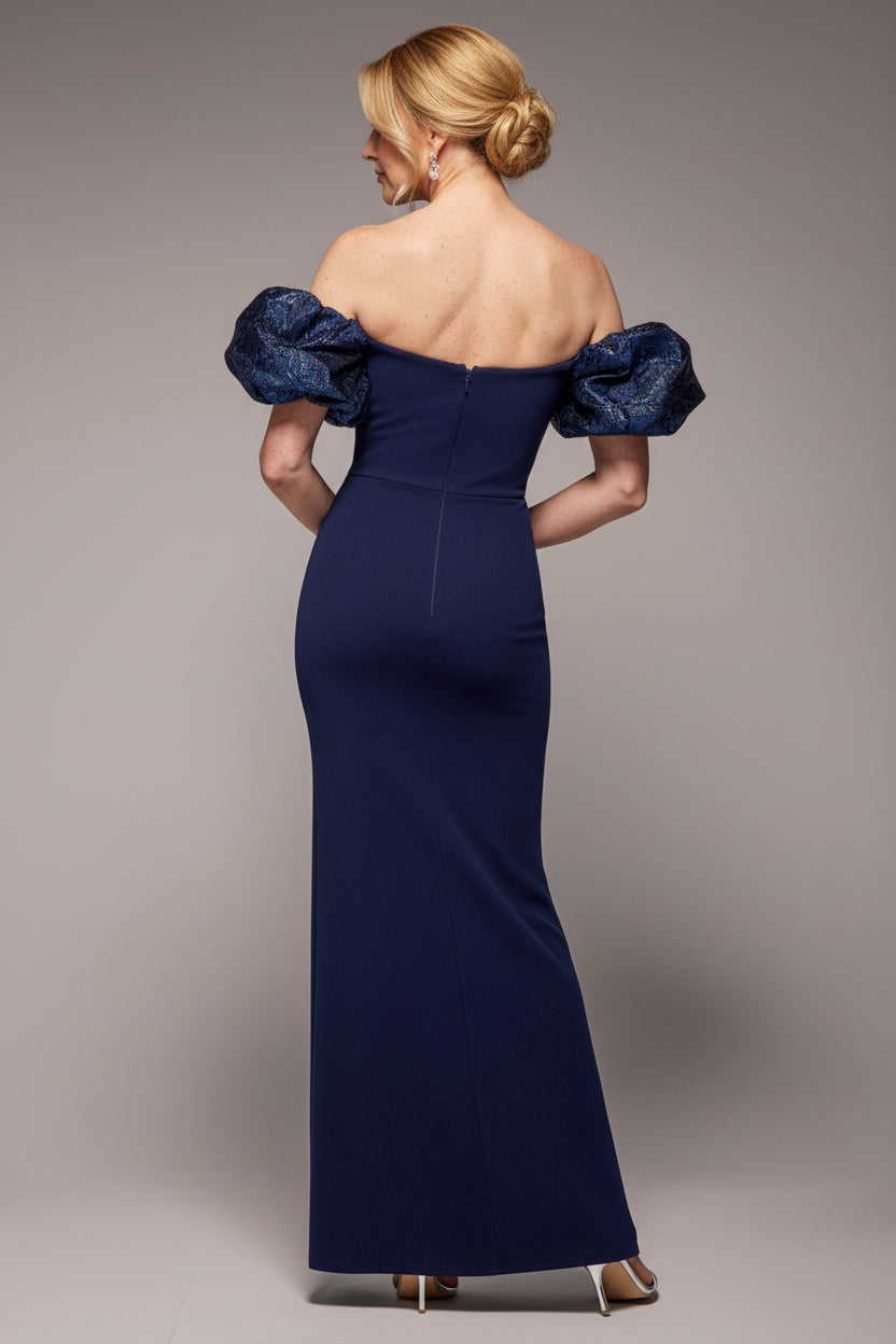 Goddiva Jacquard Puff Sleeve Sweetheart Scuba Maxi Dress - Navy Blue