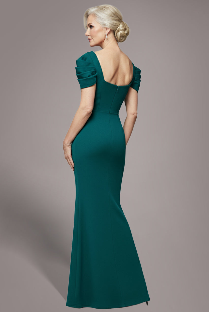 Goddiva Plunging Neck Pleated Sleeves Scuba Maxi Dress - Emerald Green