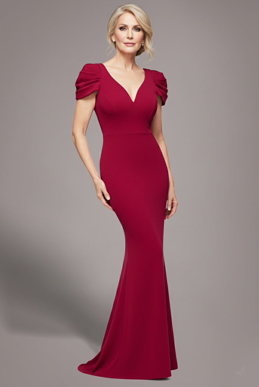 Goddiva Plunging Neck Pleated Sleeves Scuba Maxi Dress - Burgundy Red