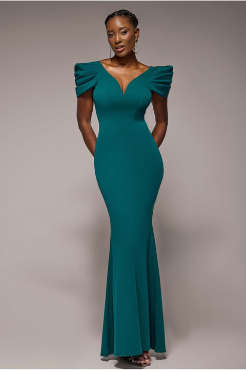 Goddiva Plunging Neck Pleated Sleeves Scuba Maxi Dress - Emerald Green