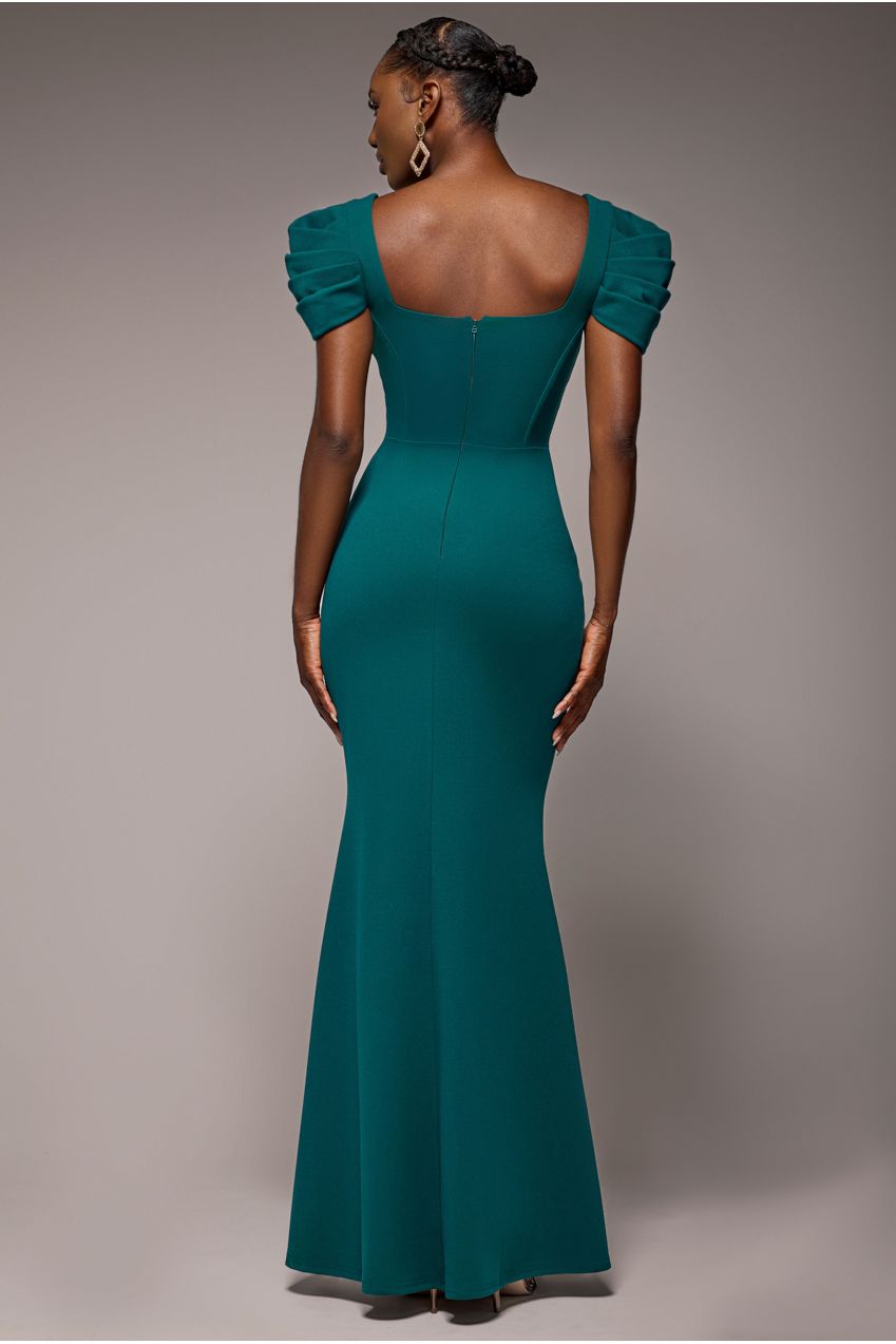 Goddiva Plunging Neck Pleated Sleeves Scuba Maxi Dress - Emerald Green