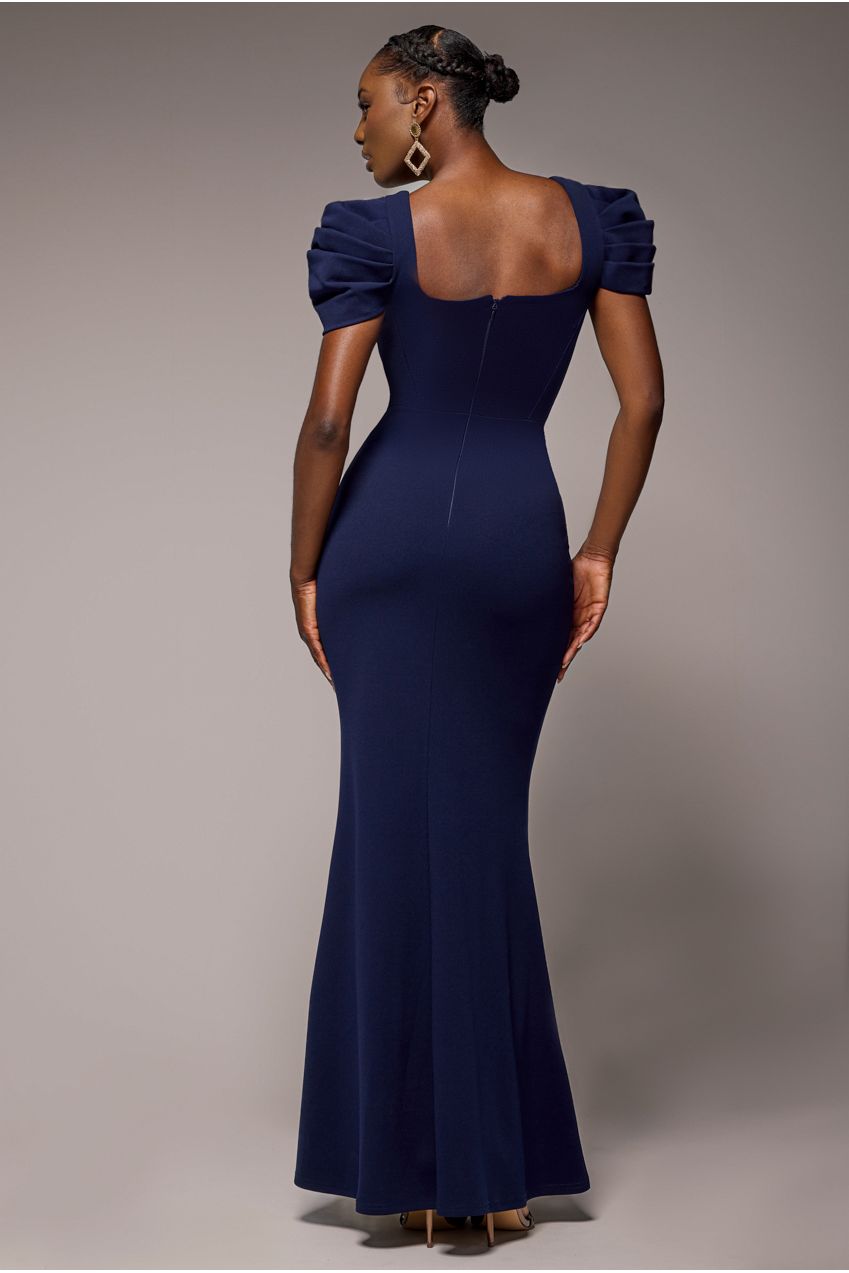 Goddiva Plunging Neck Pleated Sleeves Scuba Maxi Dress - Navy Blue