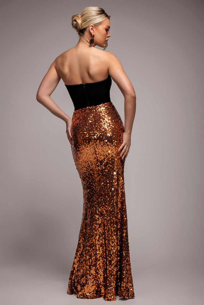 Goddiva Scuba Crepe & Sequin Dipped Waist Strapless Maxi Dress - Bronze