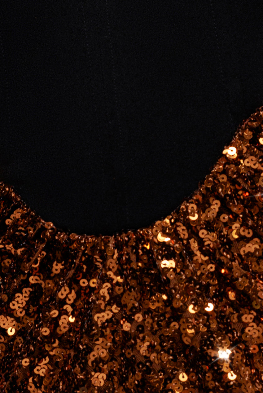 Goddiva Scuba Crepe & Sequin Dipped Waist Strapless Maxi Dress - Bronze