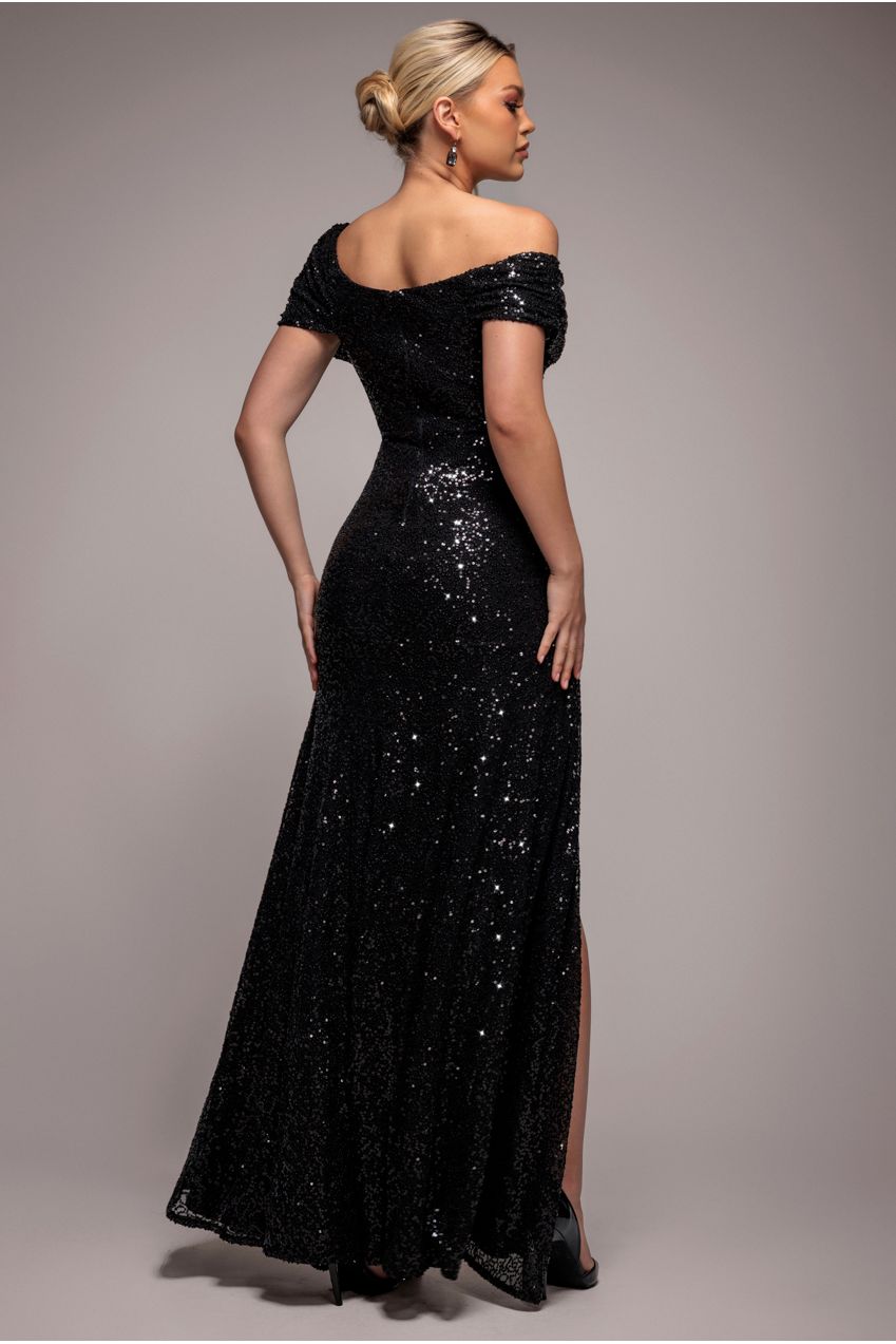 Goddiva Off The Shoulder Sequin Cowl Drawstring Maxi Dress - Black