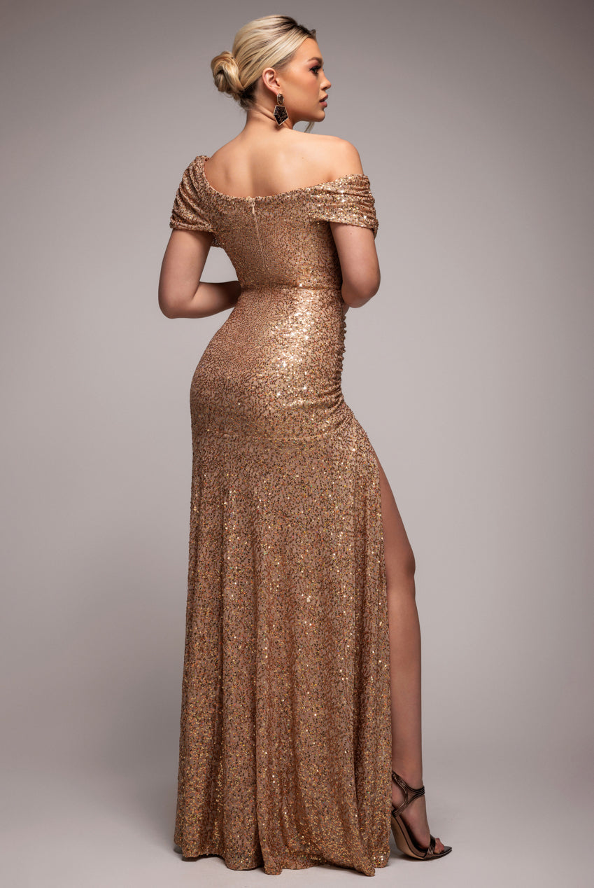 Goddiva Off The Shoulder Sequin Cowl Drawstring Maxi Dress - Gold