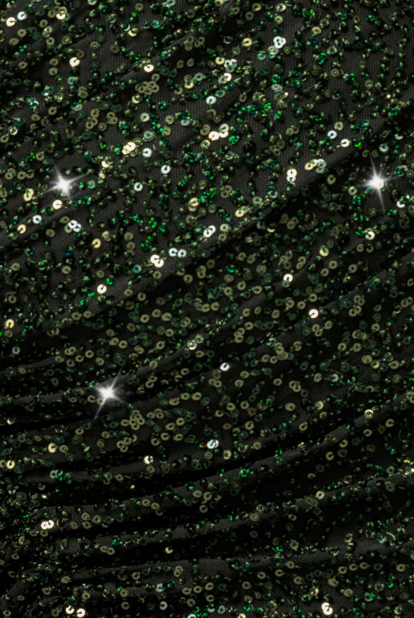 Goddiva Off The Shoulder Sequin Cowl Drawstring Maxi Dress - Olive Green