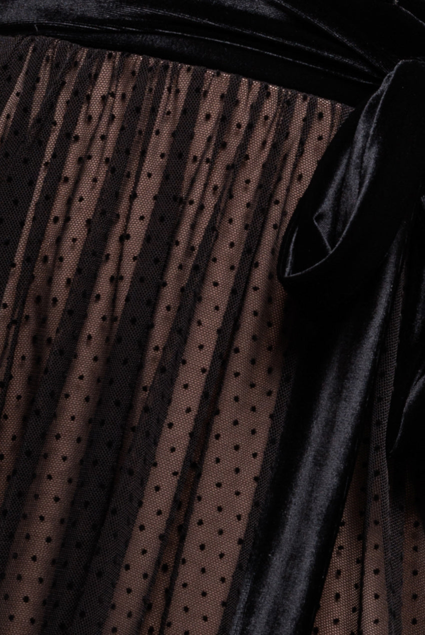 Goddiva Velvet Bardot Dobby Mesh A Line Maxi Dress - Black