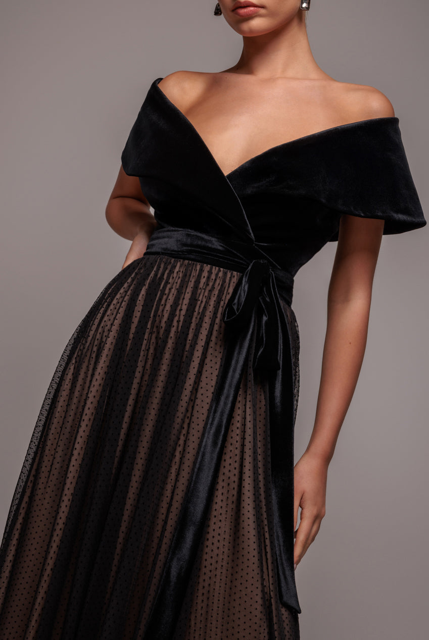 Goddiva Velvet Bardot Dobby Mesh A Line Maxi Dress - Black