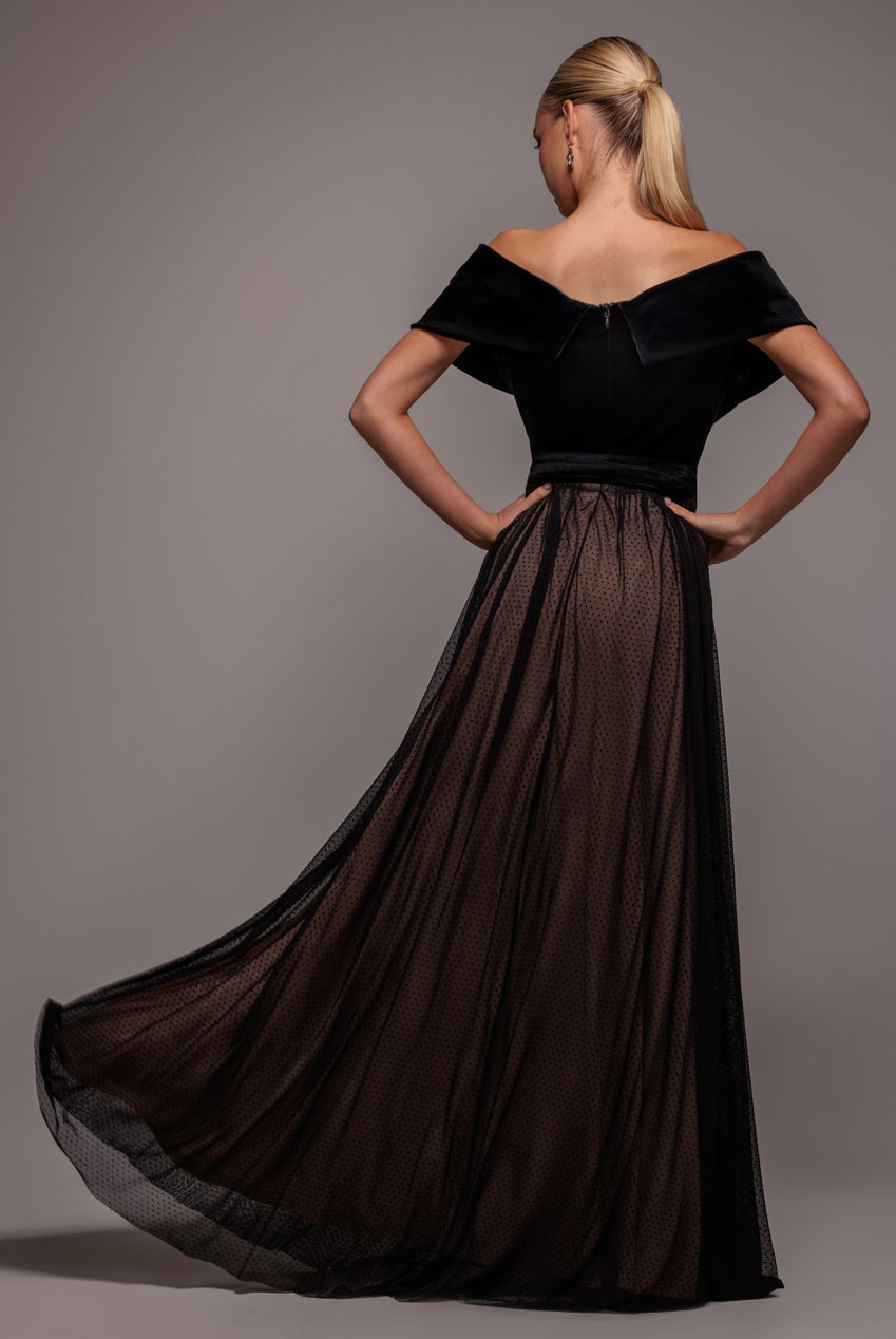 Goddiva Velvet Bardot Dobby Mesh A Line Maxi Dress - Black
