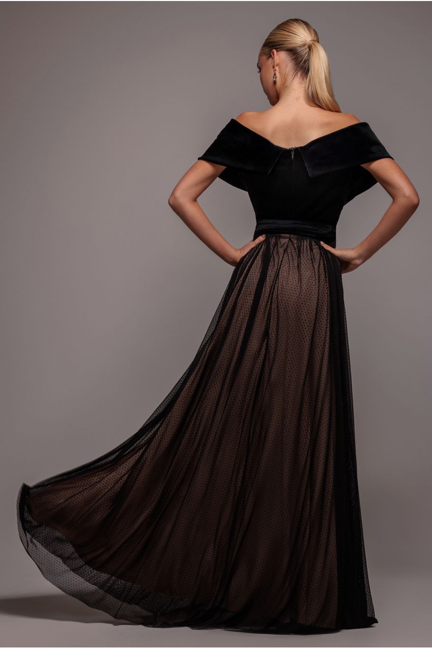 Goddiva Velvet Bardot Dobby Mesh A Line Maxi Dress - Black