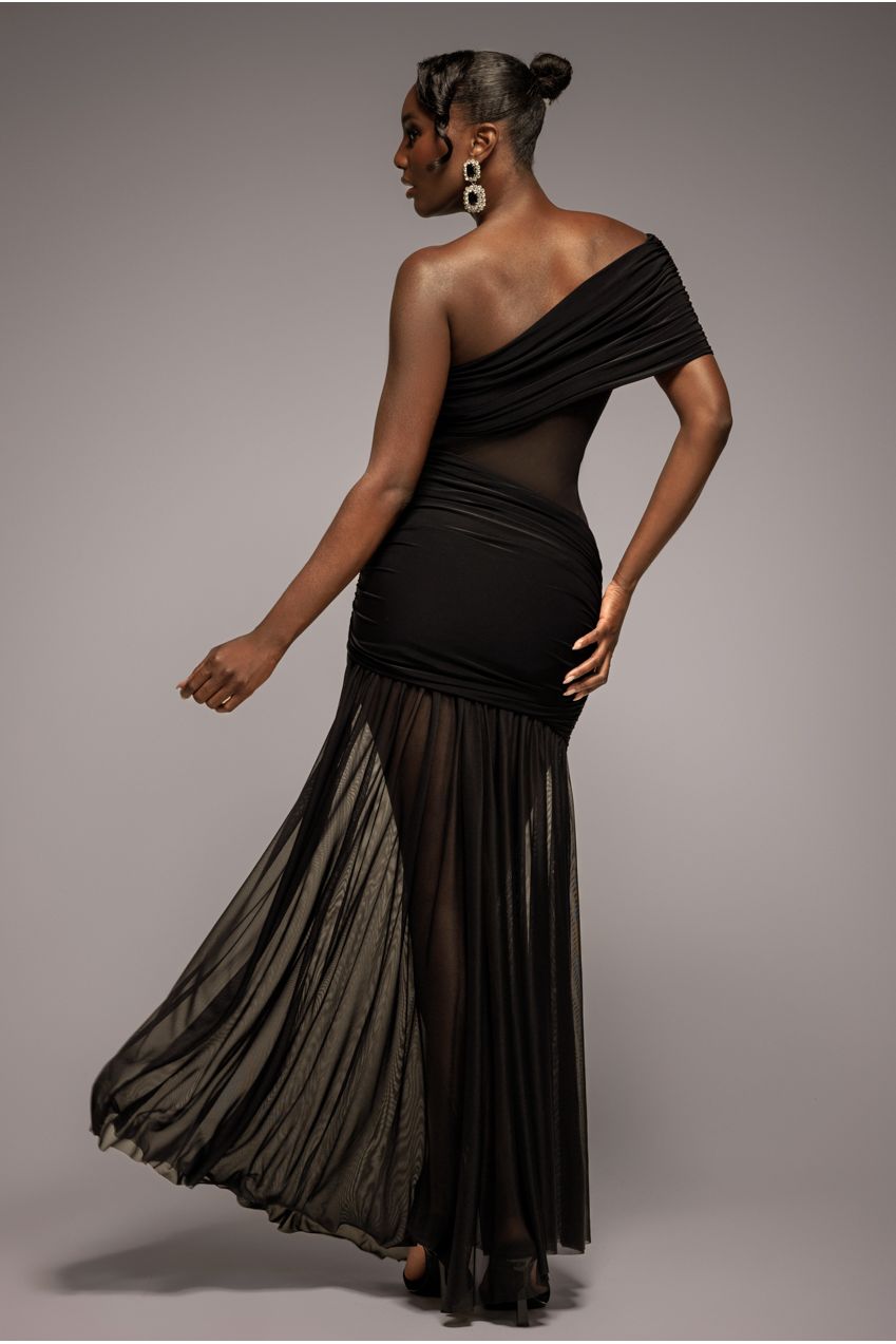 Goddiva Gathered One Shoulder Sheer Panel Maxi Dress - Black