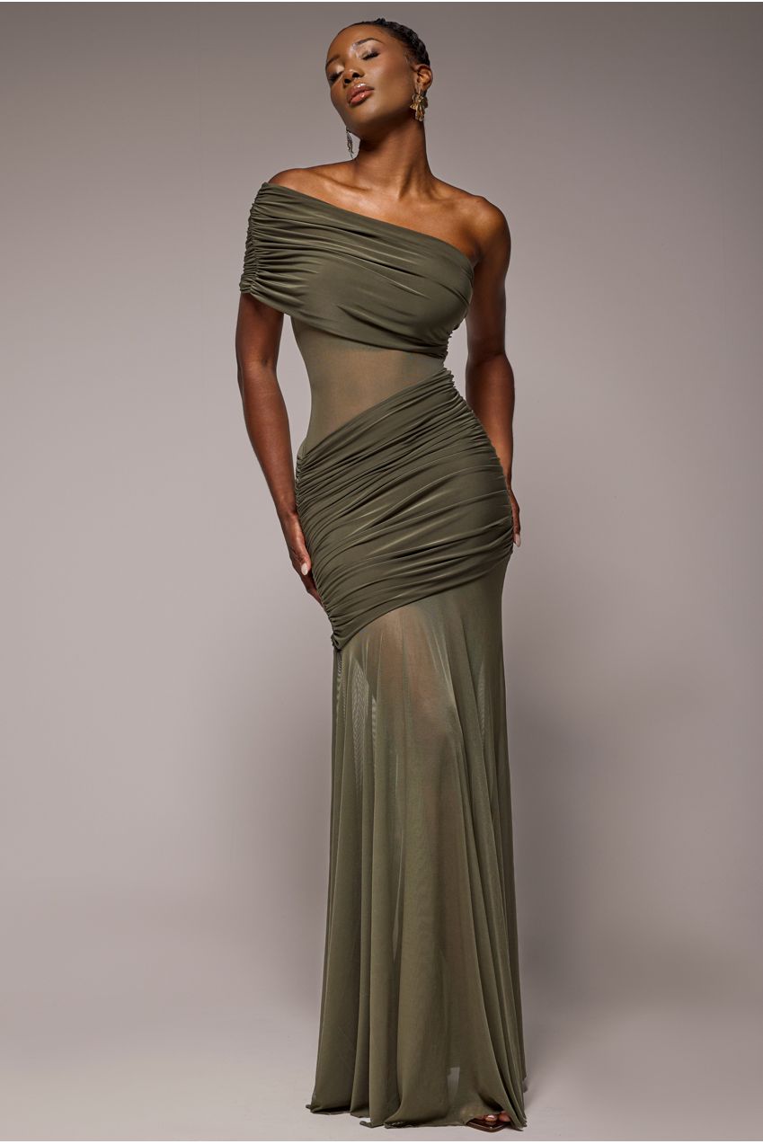Goddiva Gathered One Shoulder Sheer Panel Maxi Dress - Khaki Green