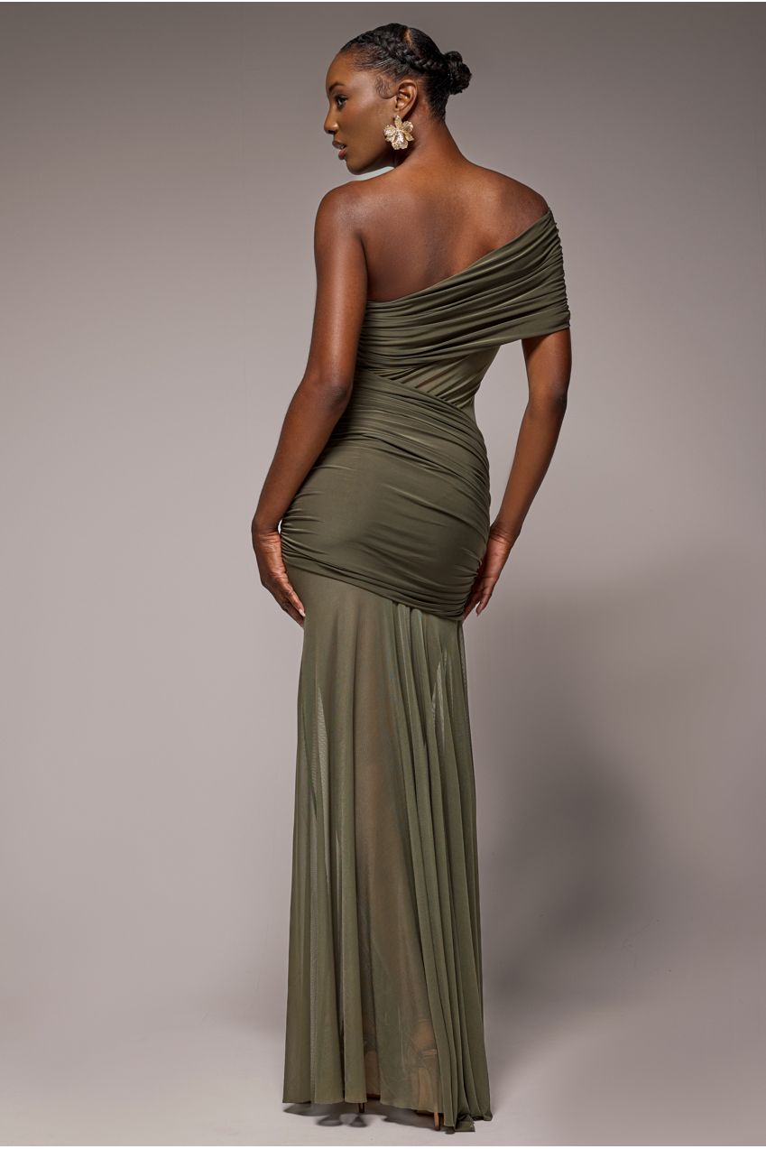 Goddiva Gathered One Shoulder Sheer Panel Maxi Dress - Khaki Green