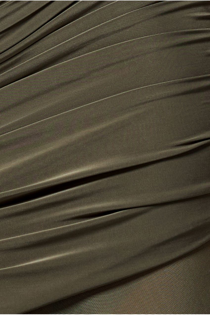 Goddiva Gathered One Shoulder Sheer Panel Maxi Dress - Khaki Green