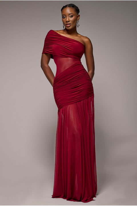 Goddiva Gathered One Shoulder Sheer Panel Maxi Dress - Wine