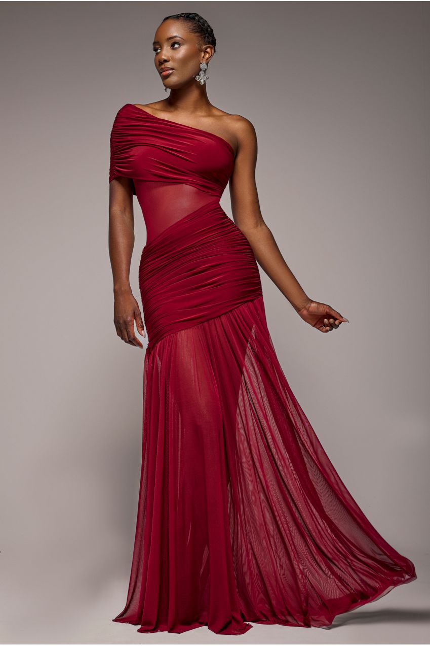 Goddiva Gathered One Shoulder Sheer Panel Maxi Dress - Wine