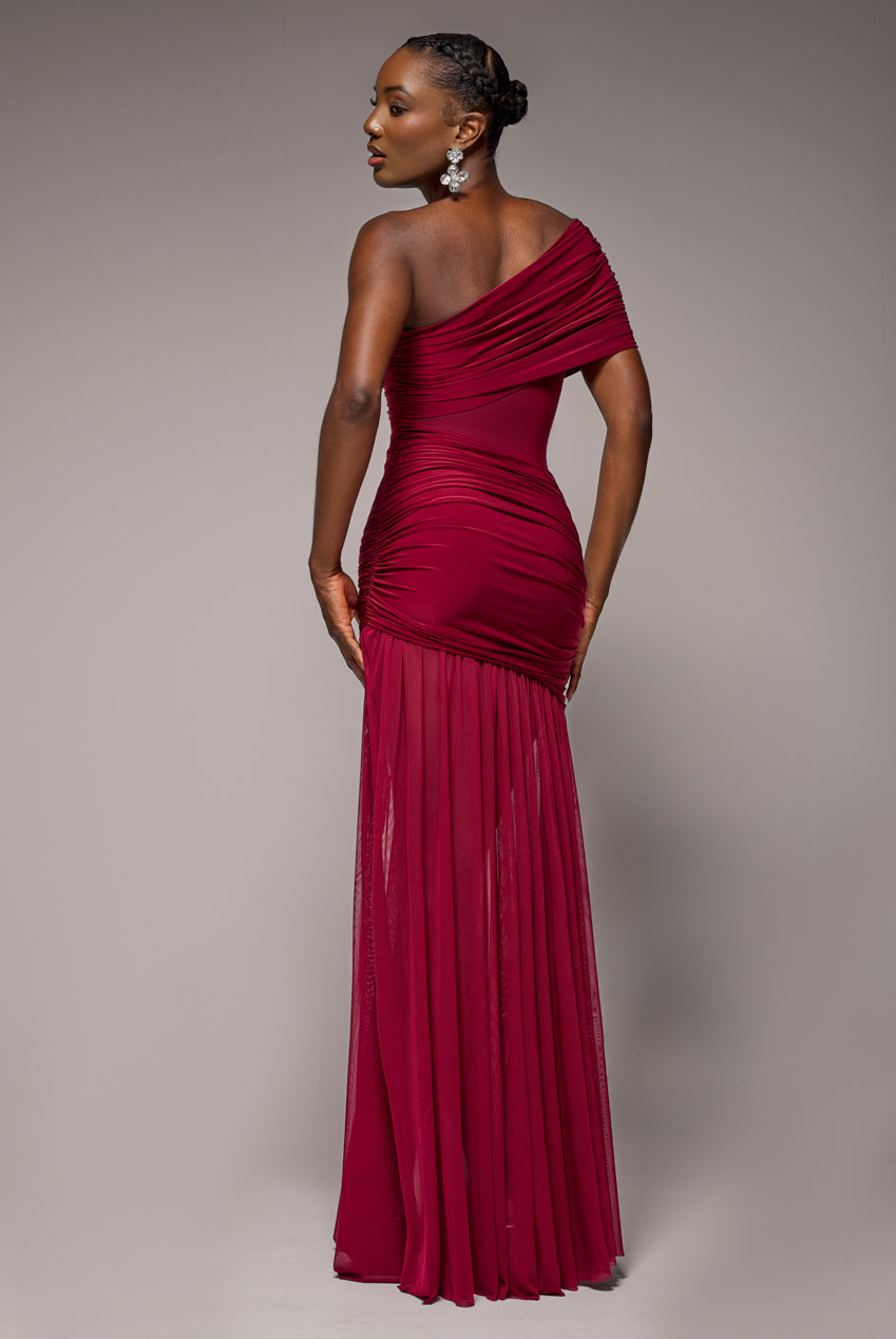 Goddiva Gathered One Shoulder Sheer Panel Maxi Dress - Wine