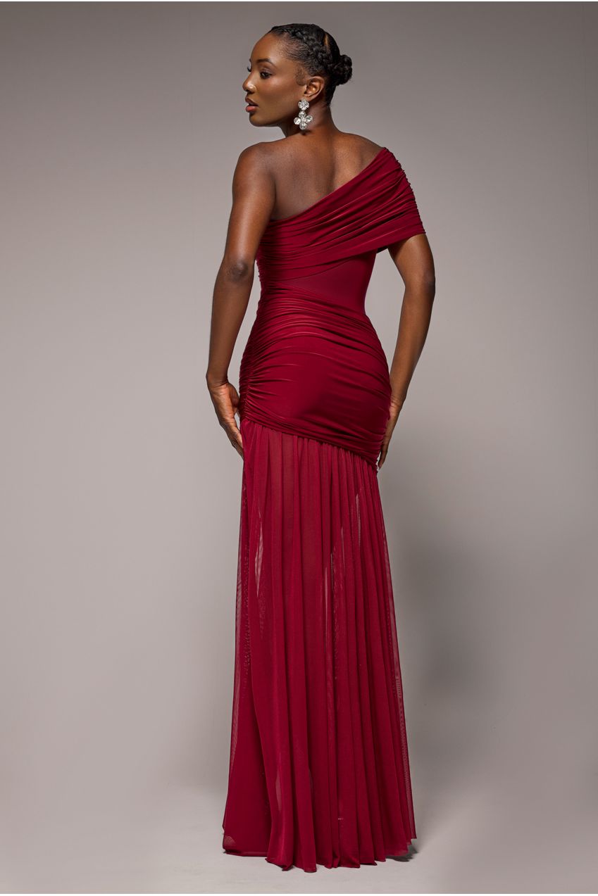 Goddiva Gathered One Shoulder Sheer Panel Maxi Dress - Wine