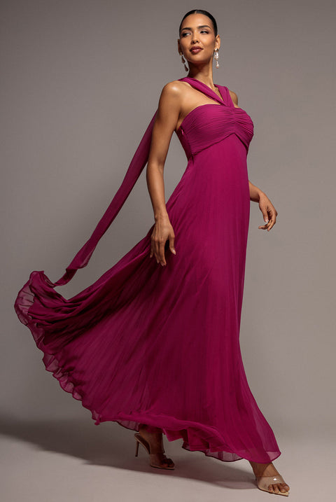 Goddiva Sleeveless Pleated Chiffon Multiway Scarf Maxi Dress - Magenta