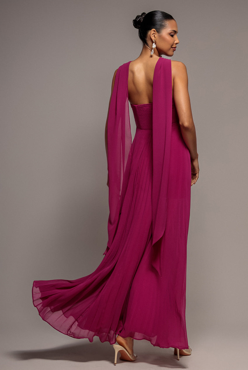 Goddiva Sleeveless Pleated Chiffon Multiway Scarf Maxi Dress - Magenta