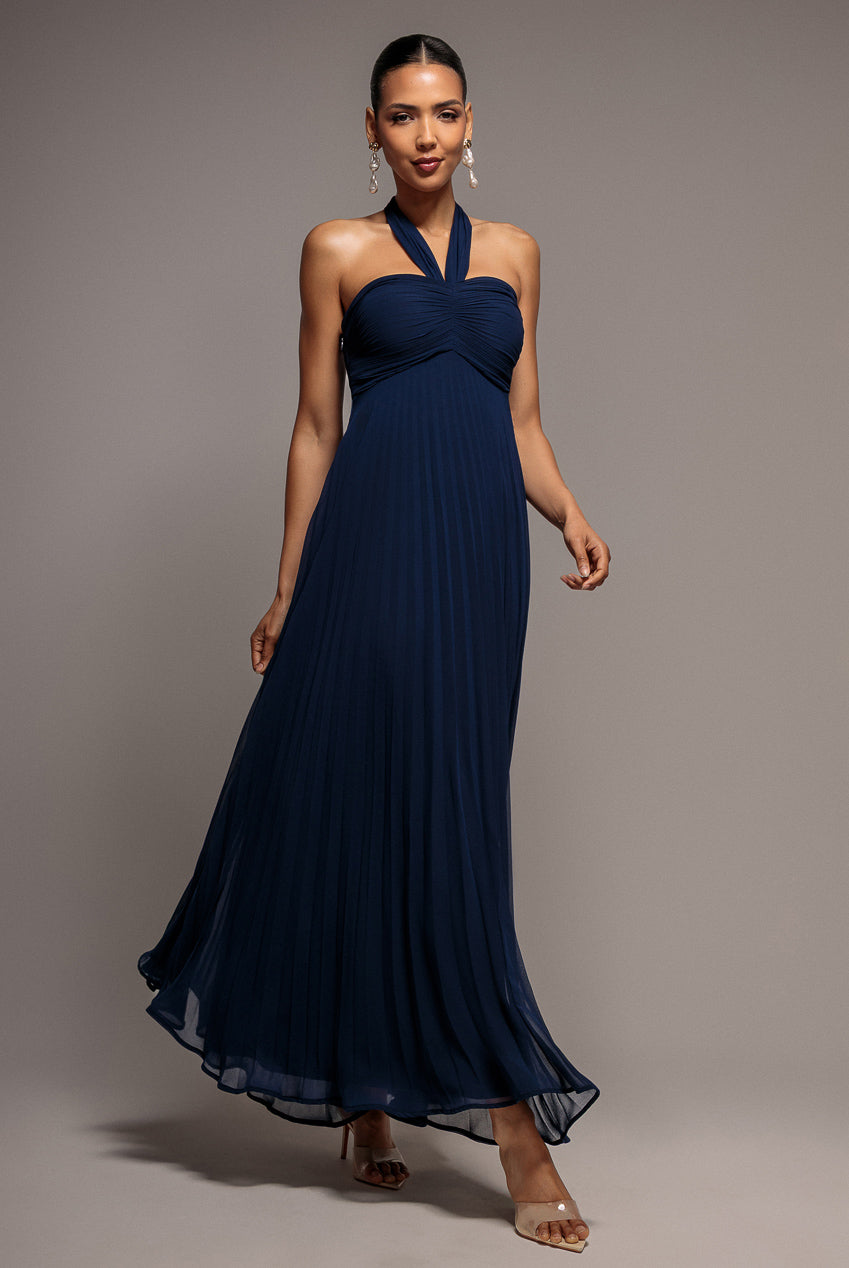 Goddiva Sleeveless Pleated Chiffon Multiway Scarf Maxi Dress - Navy Blue
