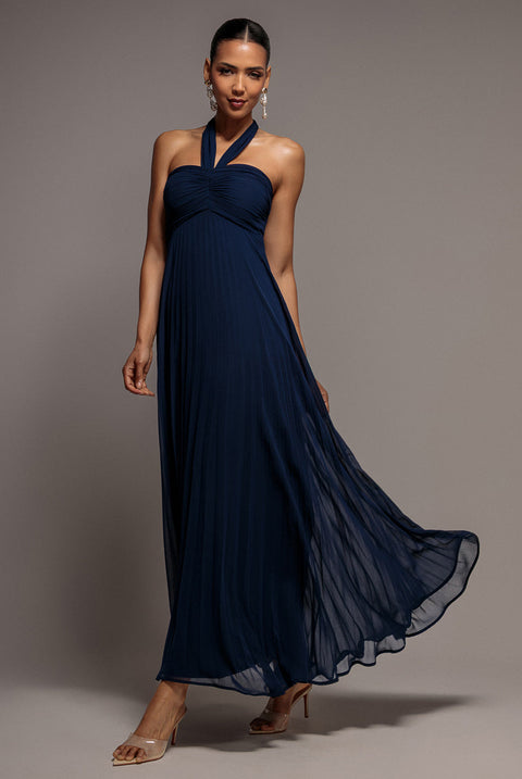 Goddiva Sleeveless Pleated Chiffon Multiway Scarf Maxi Dress - Navy Blue