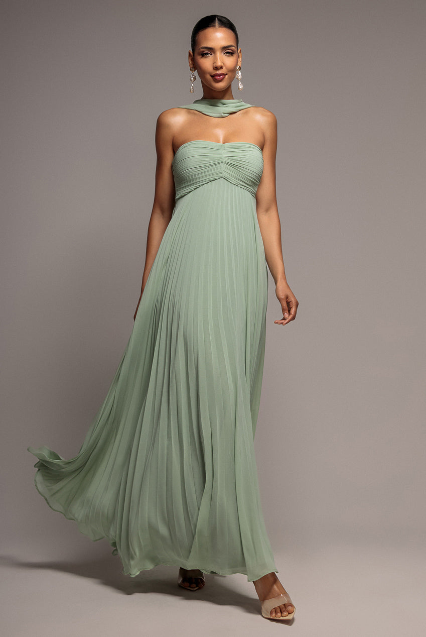 Goddiva Sleeveless Pleated Chiffon Multiway Scarf Maxi Dress - Sage Green