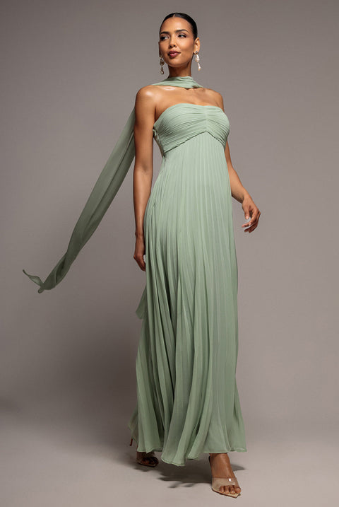 Goddiva Sleeveless Pleated Chiffon Multiway Scarf Maxi Dress - Sage Green