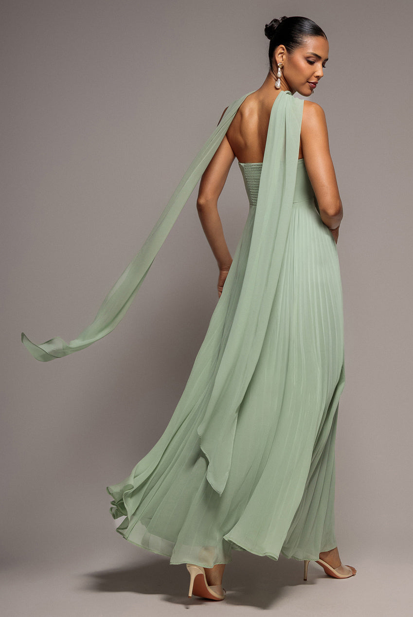 Goddiva Sleeveless Pleated Chiffon Multiway Scarf Maxi Dress - Sage Green