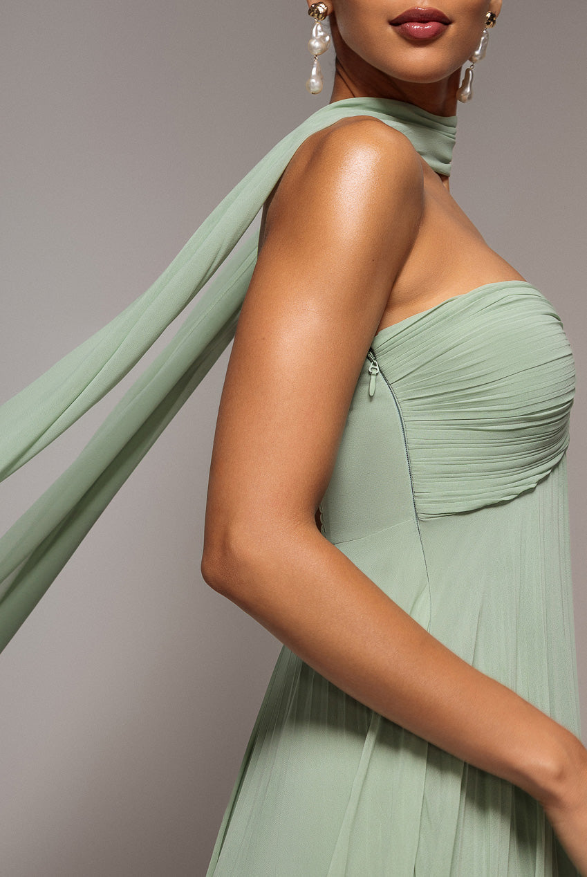 Goddiva Sleeveless Pleated Chiffon Multiway Scarf Maxi Dress - Sage Green