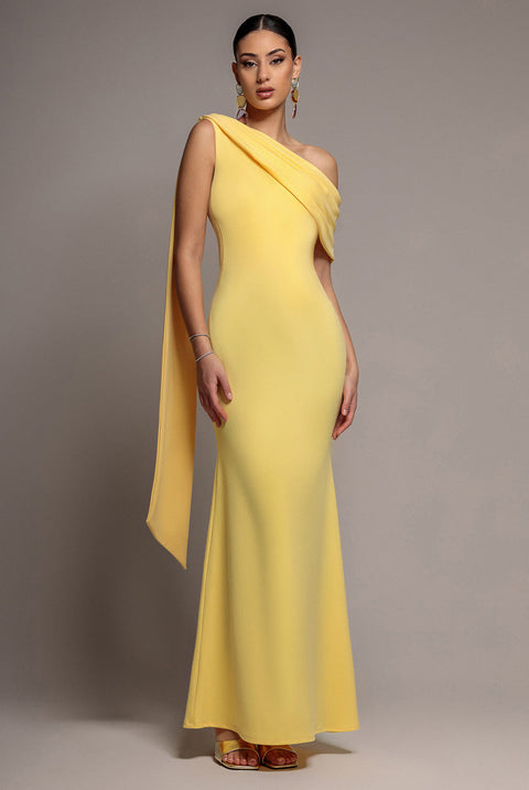 Goddiva Sash One Shoulder Bardot Maxi Dress - Butter Yellow