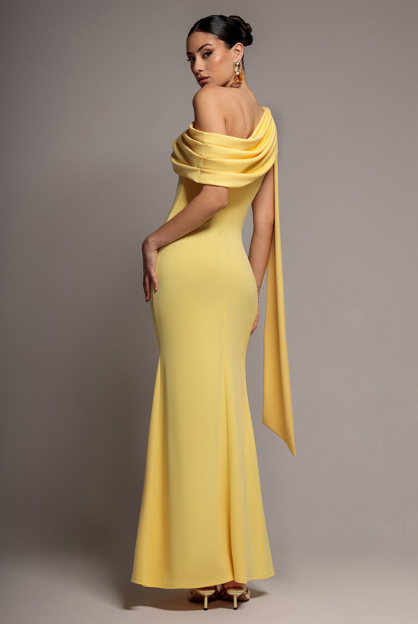 Goddiva Sash One Shoulder Bardot Maxi Dress - Butter Yellow