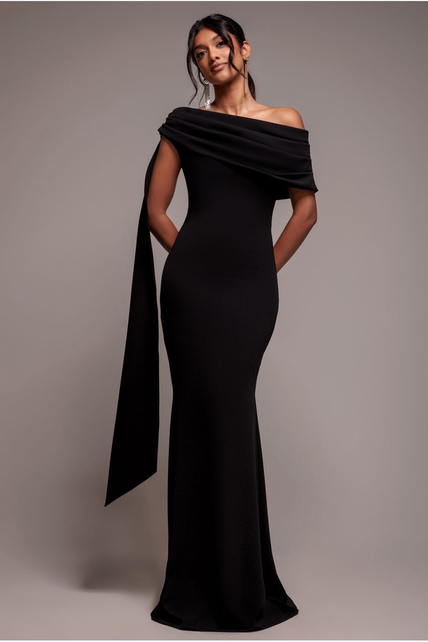 Goddiva Women's Sash One Shoulder Bardot Maxi Dress in Black 12 Goddiva Women's Sash One Shoulder Bardot Maxi Dress in Black 12