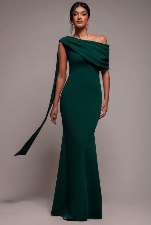 Goddiva Sash One Shoulder Bardot Maxi Dress - Emerald Green
