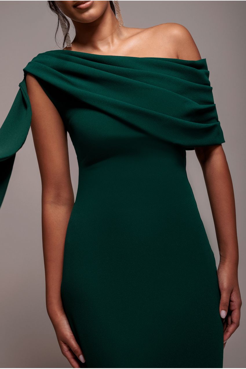 Goddiva Sash One Shoulder Bardot Maxi Dress - Emerald Green