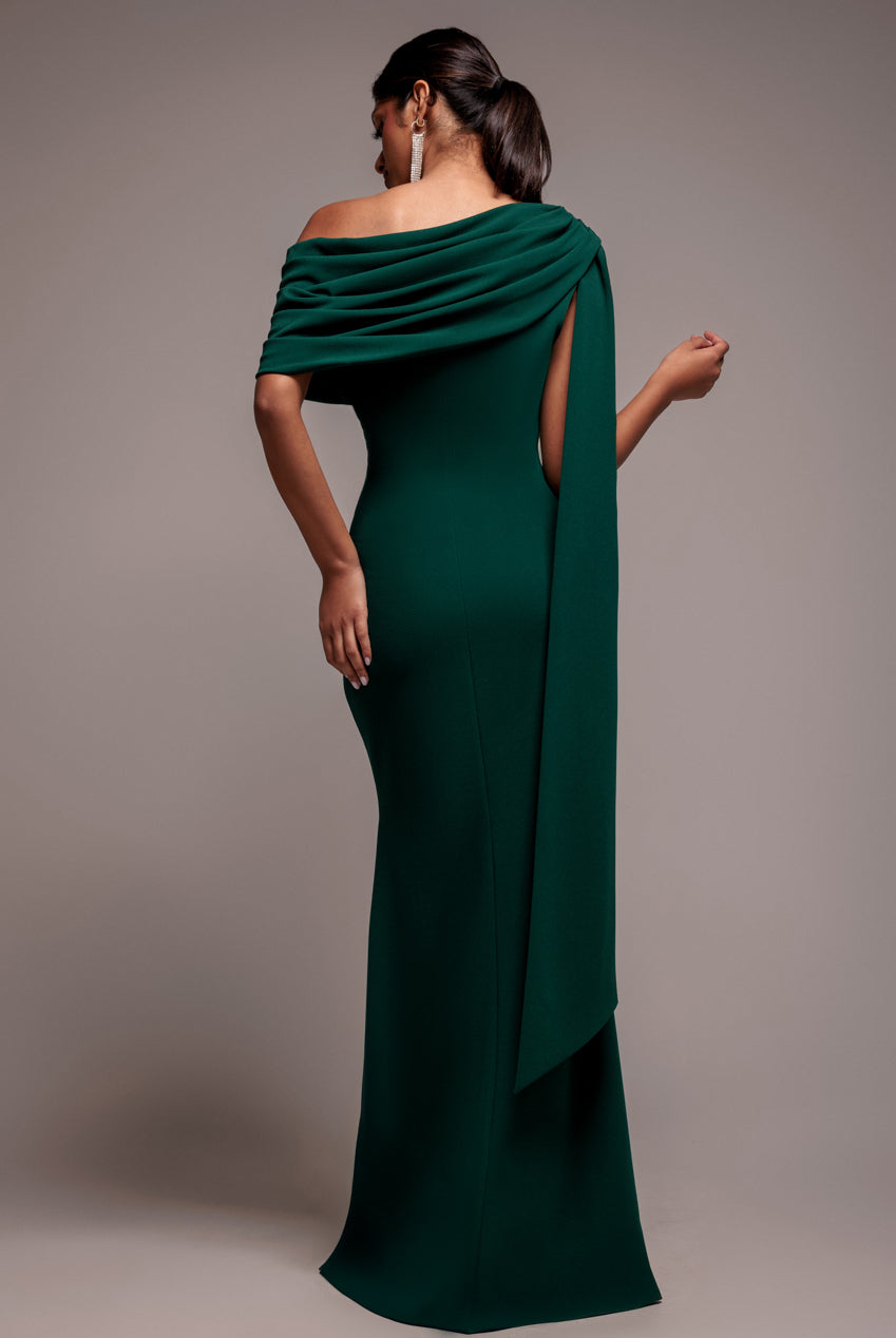 Goddiva Sash One Shoulder Bardot Maxi Dress - Emerald Green