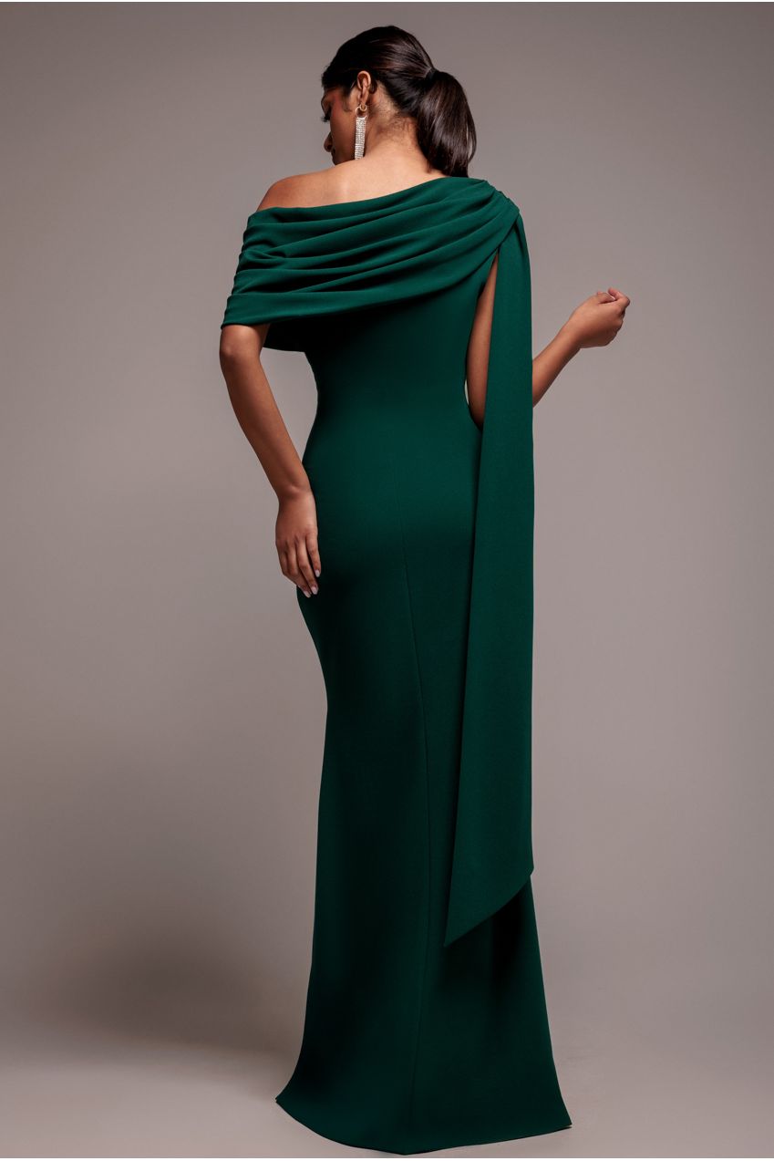 Goddiva Sash One Shoulder Bardot Maxi Dress - Emerald Green