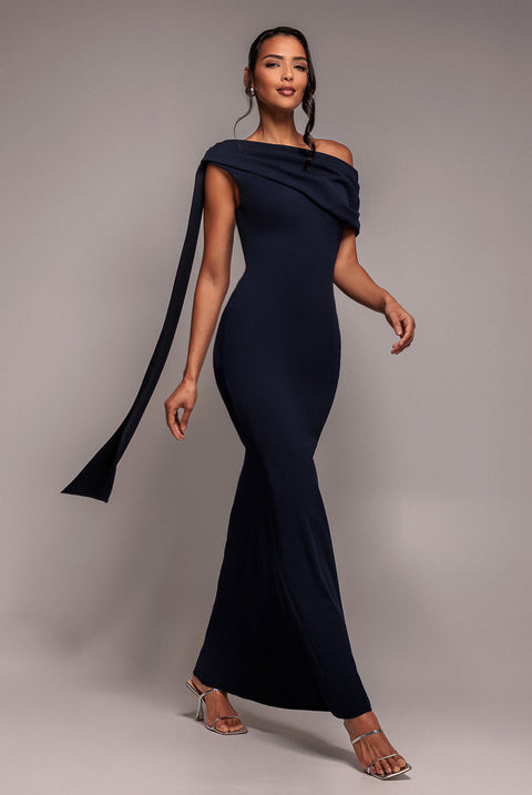 Goddiva Sash One Shoulder Bardot Maxi Dress - Navy Blue