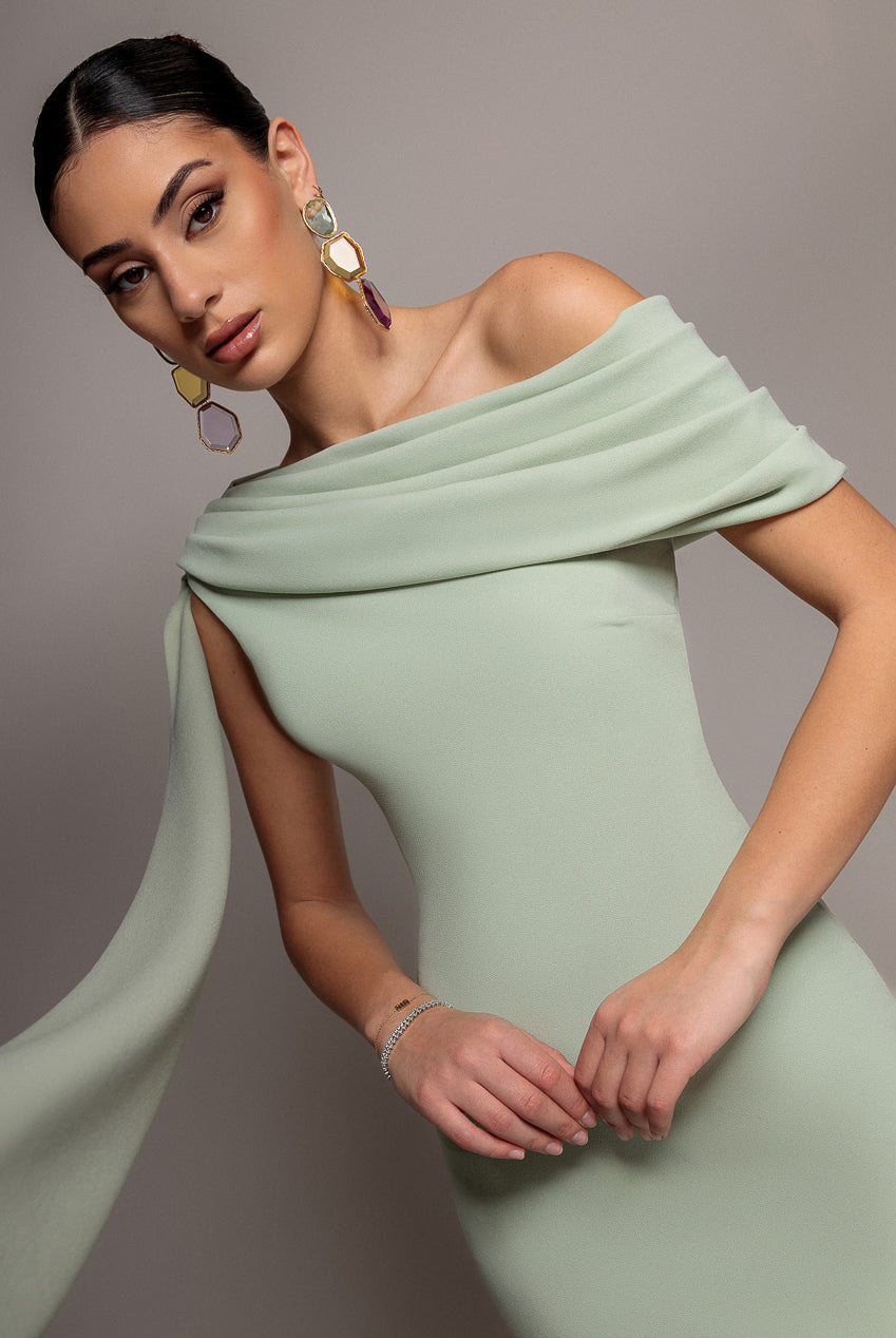 Goddiva Sash One Shoulder Bardot Maxi Dress - Sage Green