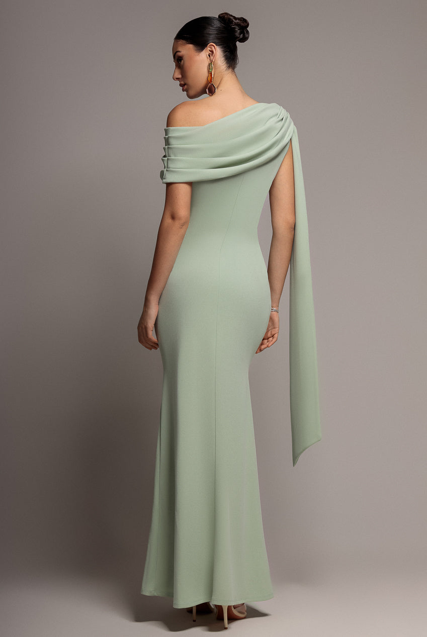 Goddiva Sash One Shoulder Bardot Maxi Dress - Sage Green
