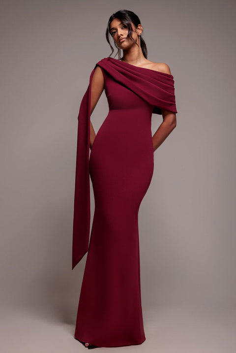 Goddiva Sash One Shoulder Bardot Maxi Dress - Wine