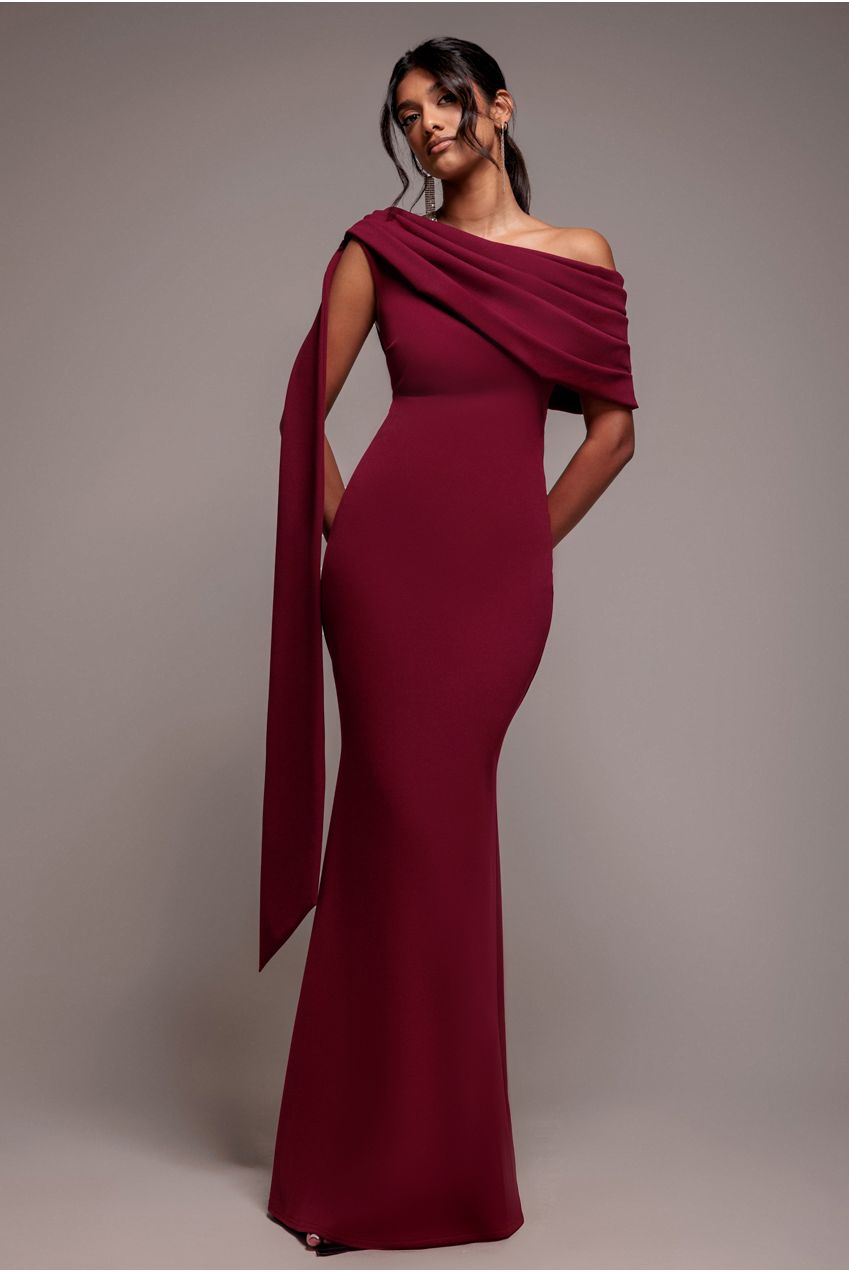 Goddiva Sash One Shoulder Bardot Maxi Dress - Burgundy