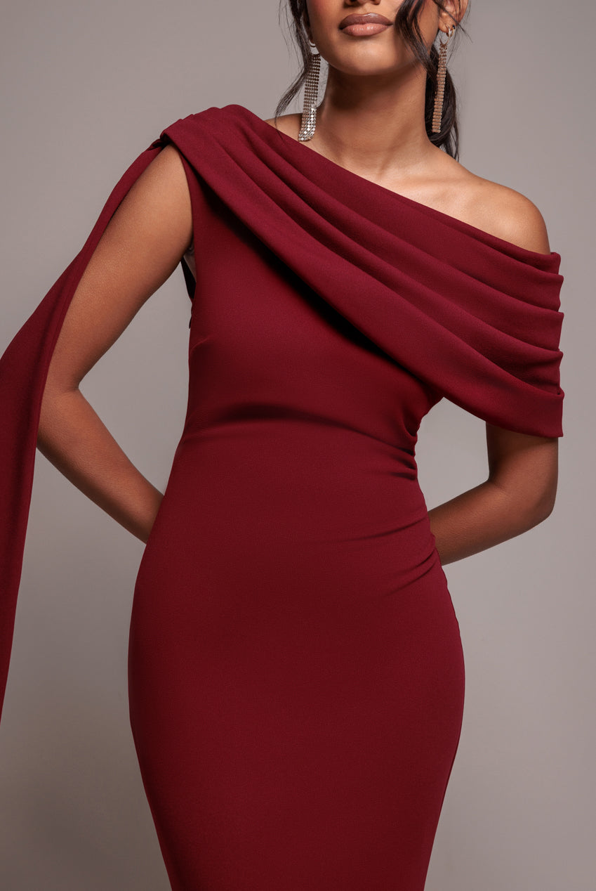 Goddiva Sash One Shoulder Bardot Maxi Dress - Wine