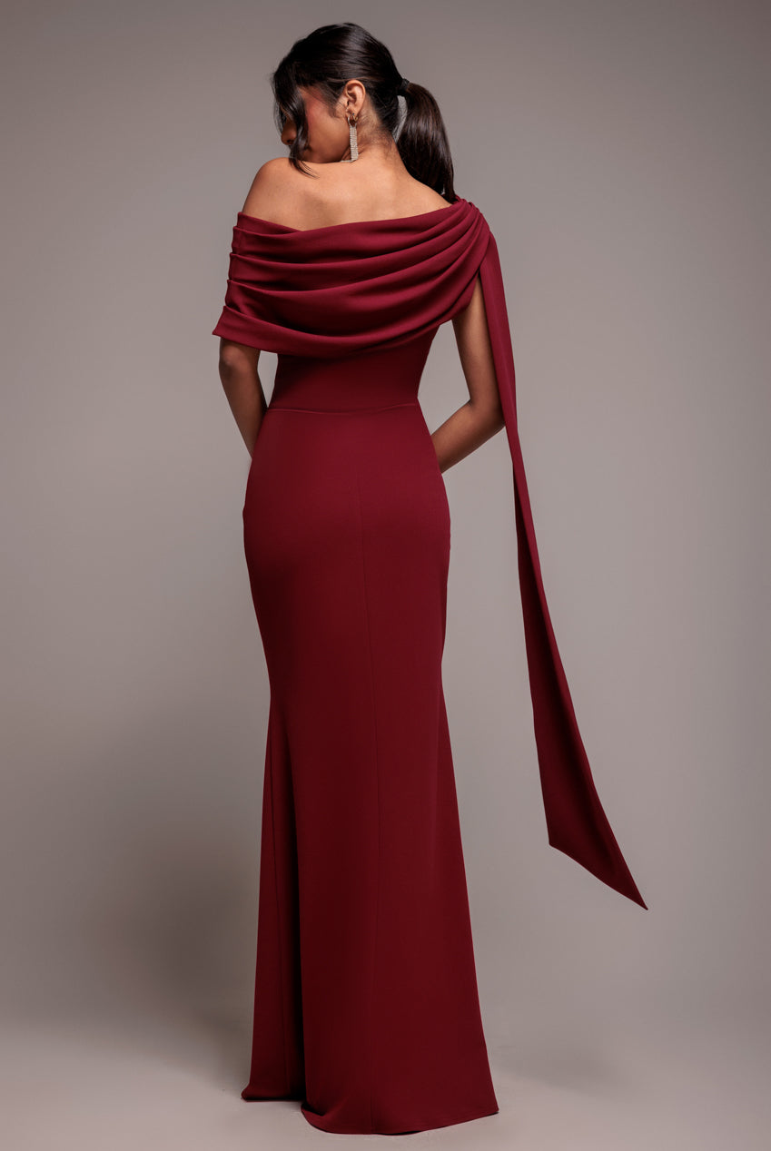Goddiva Sash One Shoulder Bardot Maxi Dress - Wine