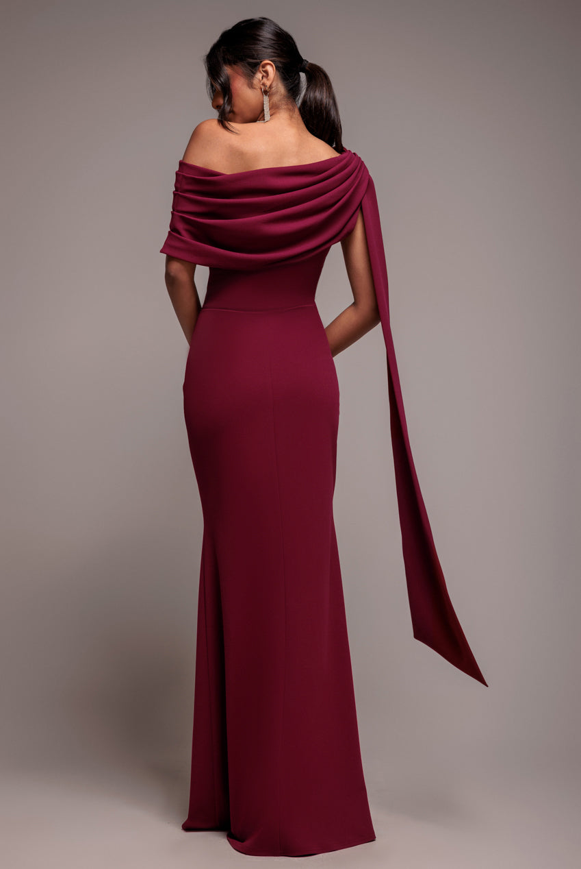 Goddiva Sash One Shoulder Bardot Maxi Dress - Burgundy