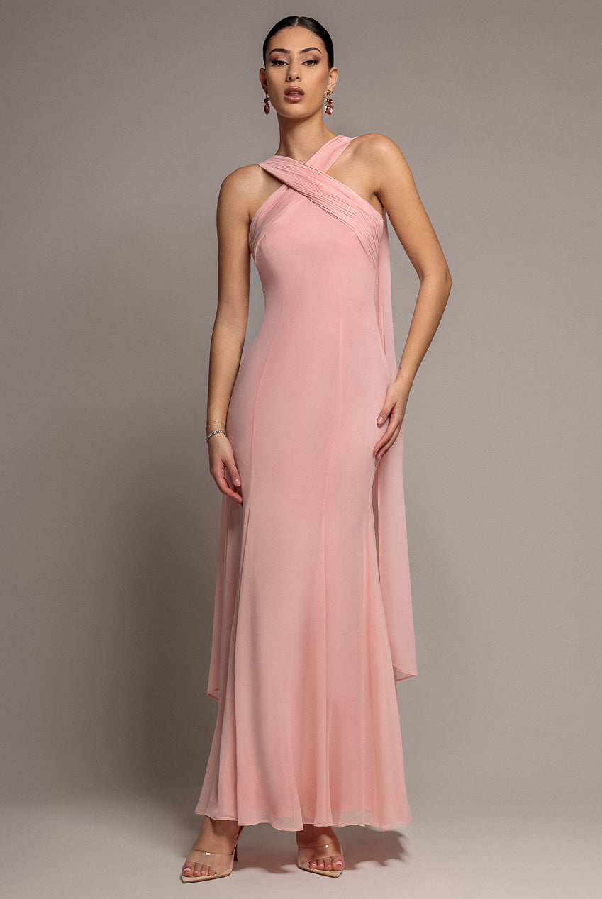 Goddiva Cross Front Scarf Back Chiffon Mermaid Maxi Dress - Blush Pink