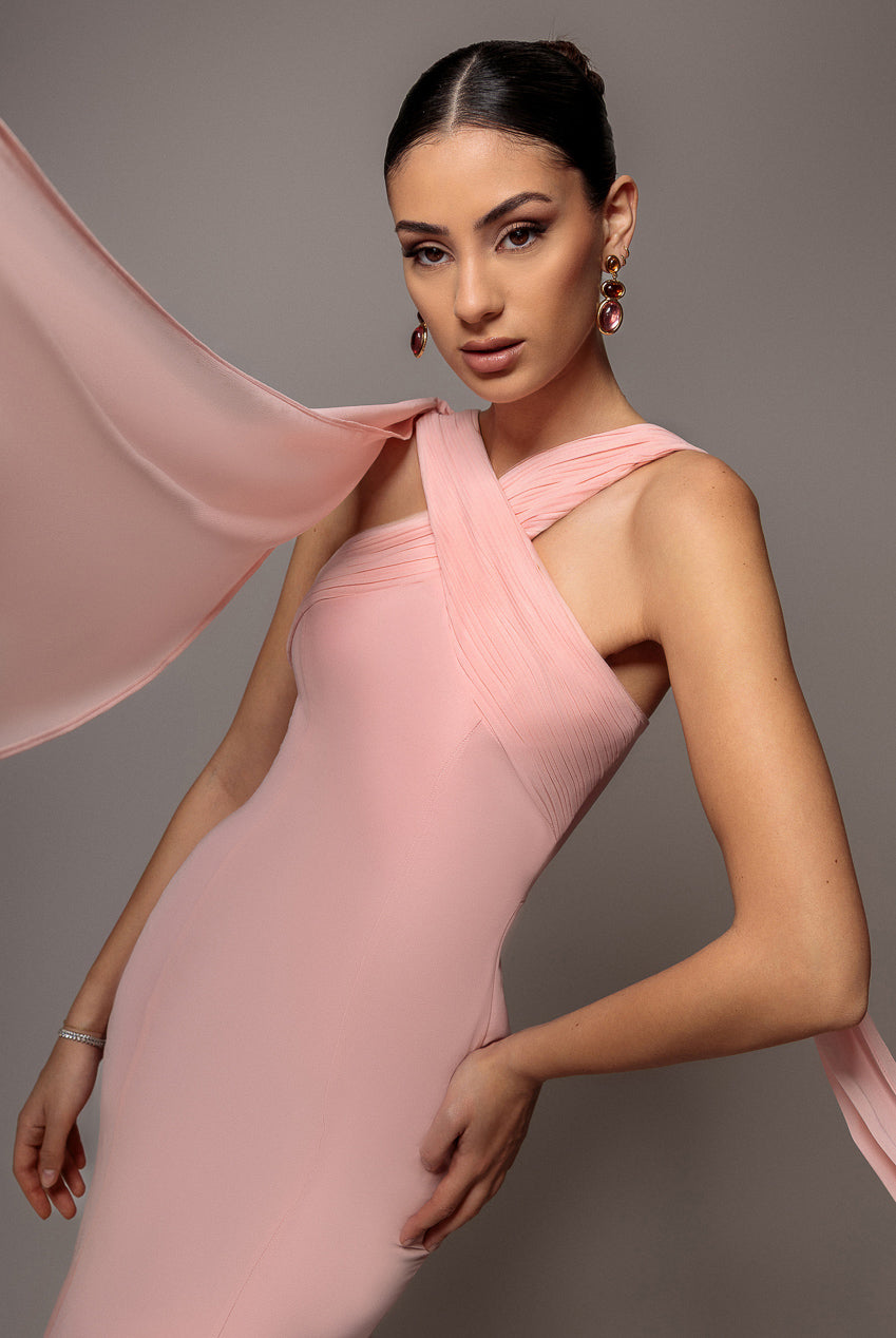 Goddiva Cross Front Scarf Back Chiffon Mermaid Maxi Dress - Blush Pink