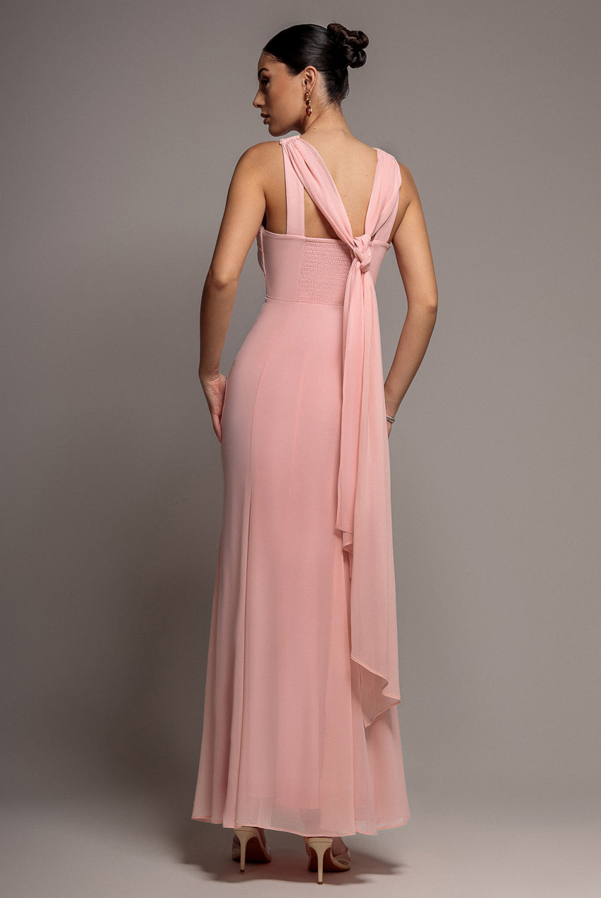 Goddiva Cross Front Scarf Back Chiffon Mermaid Maxi Dress - Blush Pink