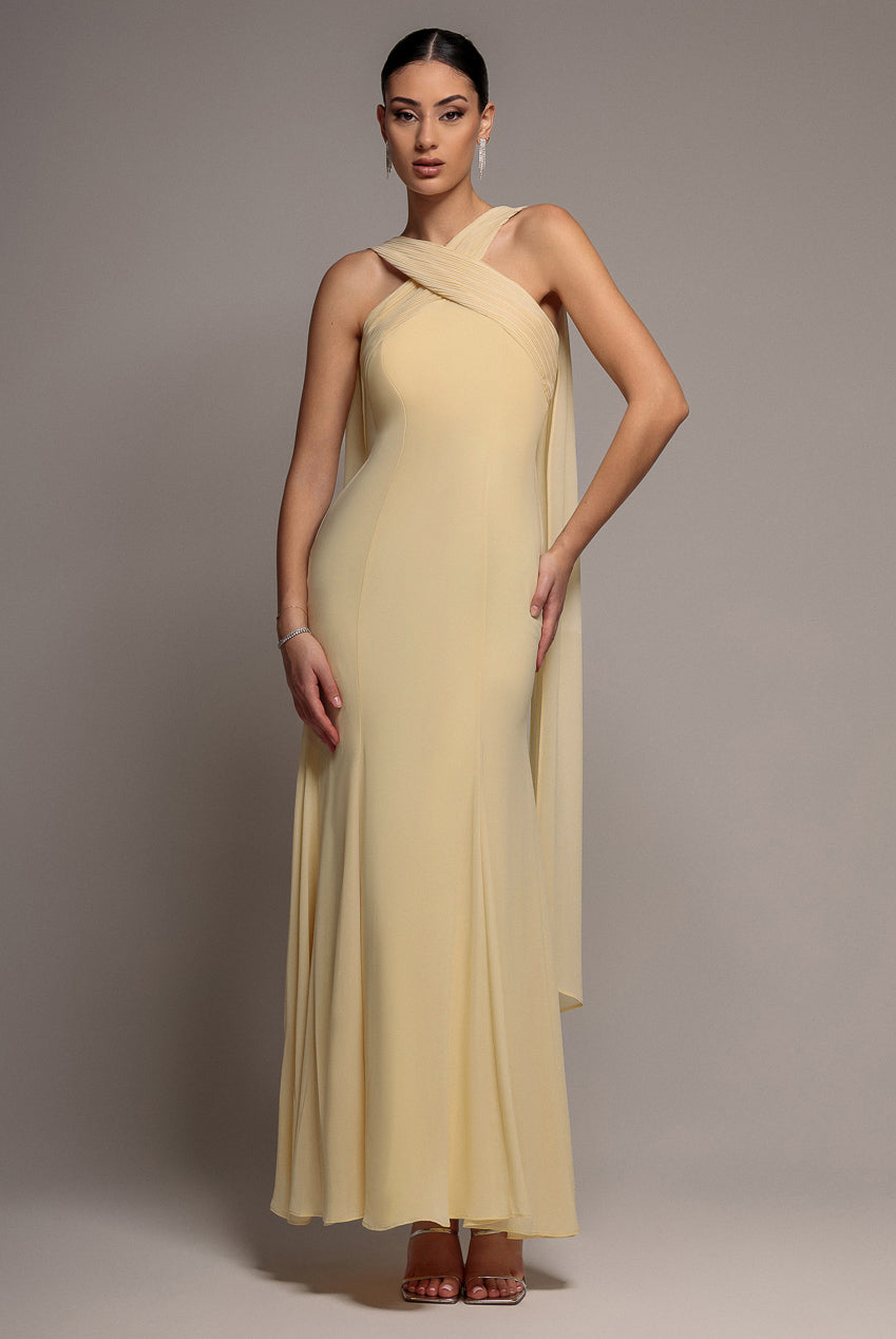 Goddiva Cross Front Scarf Back Chiffon Mermaid Maxi Dress - Butter Yellow